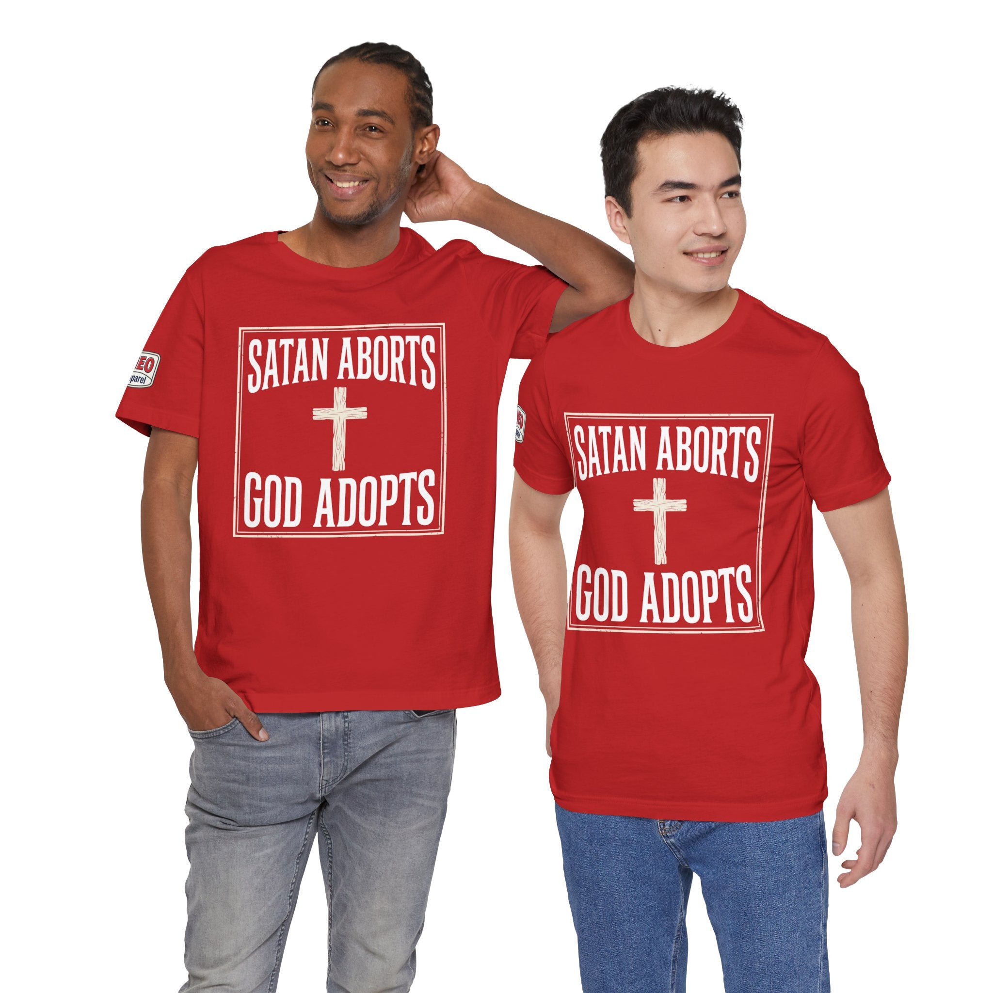 SATAN ABORTS, GOD ADOPTS unisex T-shirt.