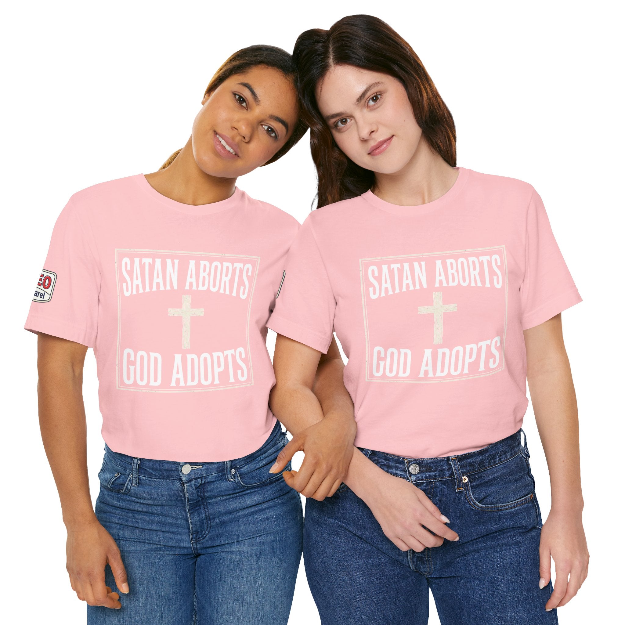 SATAN ABORTS, GOD ADOPTS unisex T-shirt.